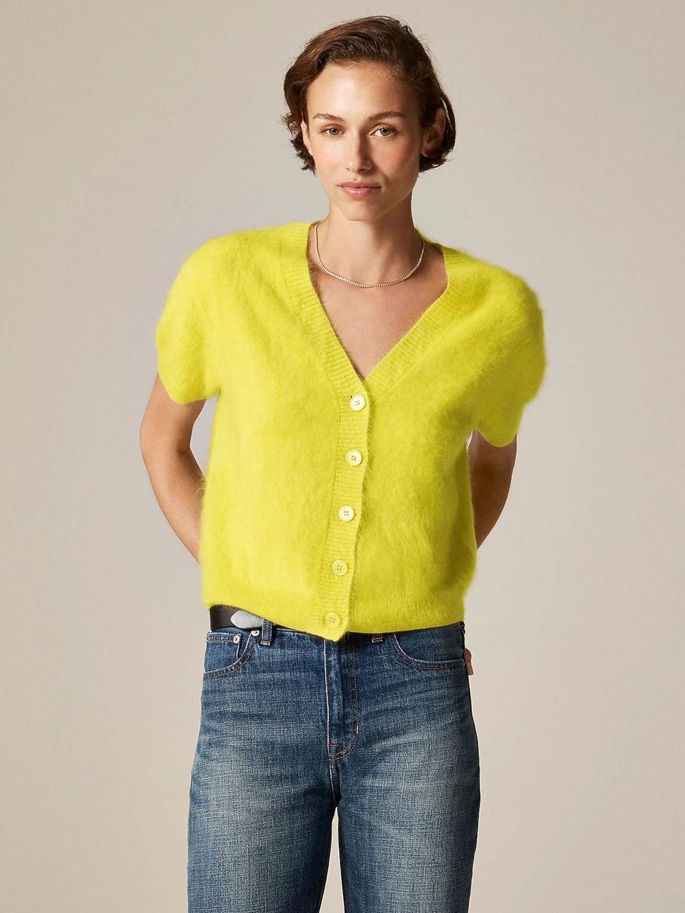 New! J. Crew Brushed Cashmere Short Sleeve Cardigan Sweater Burnished Chartreuse